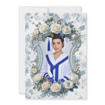Blauw en Wit Bloemstuk Foto Afstudeeruitnodiging