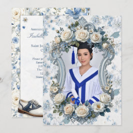 Blauw en Wit Bloemstuk Foto Afstudeeruitnodiging Kaart