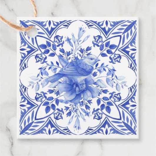 Blauw en wit bloemtegel met vogel bedankjes labels (Voorkant)