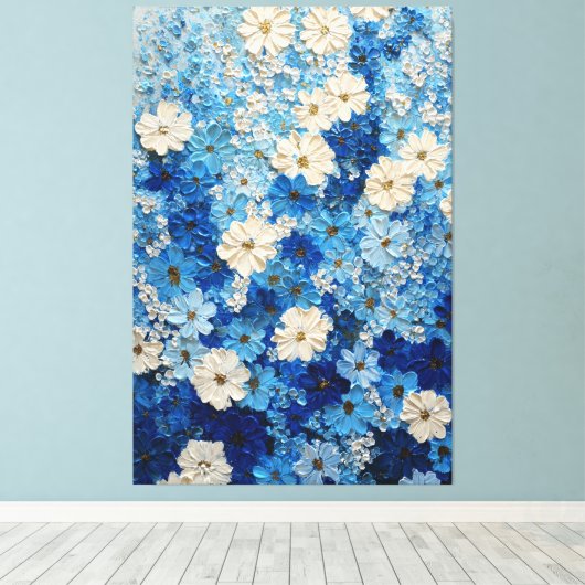 Blauw en Wit Bloemverloop Abstracte Wandkunst Canvas Afdruk (Insitu (Houten vloer))