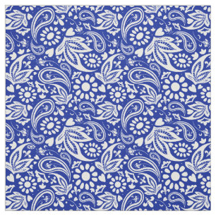 Blauw en wit Boho Paisley Patroon Stof