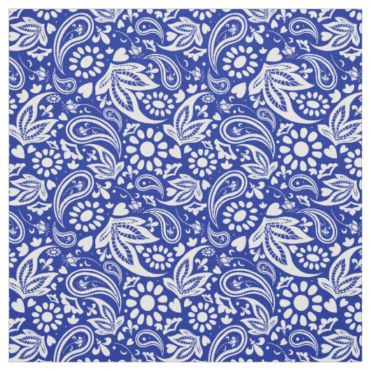 Blauw en wit Boho Paisley Patroon Stof (Swatch)