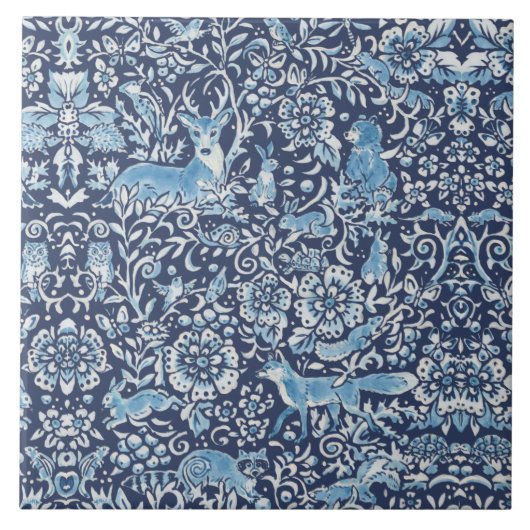Blauw en wit bos Dieren Fox Rabbit Floral Tegeltje (Voorkant)