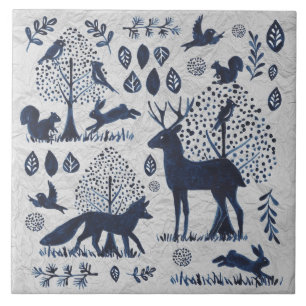 blauw en wit bos Diervoskonijn Tegeltje