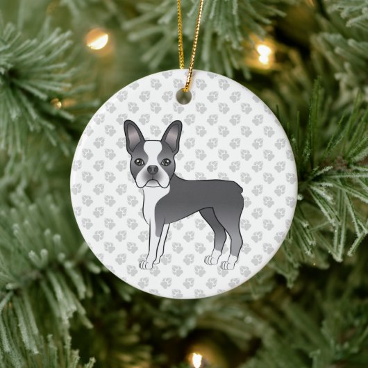 Blauw en wit Boston Terrier Cartoon hond & poten Keramisch Ornament (Boom)