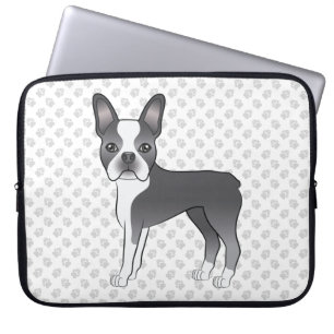 Blauw en wit Boston Terrier Cartoon hond & poten Laptop Sleeve