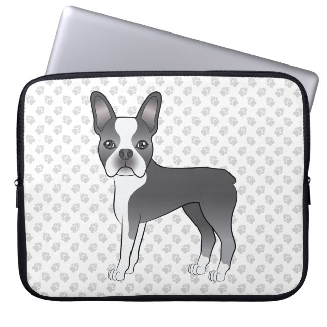 Blauw en wit Boston Terrier Cartoon hond & poten Laptop Sleeve (Voorkant)