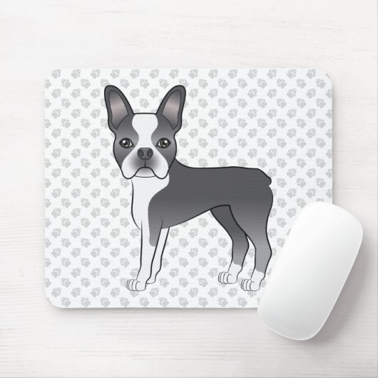 Blauw en wit Boston Terrier Cartoon hond & poten Muismat (Met muis)