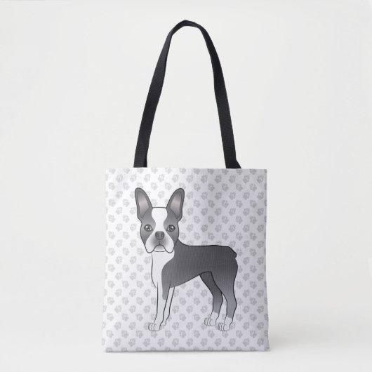 Blauw en wit Boston Terrier Cartoon hond & poten Tote Bag (Voorkant)