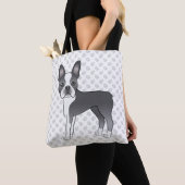 Blauw en wit Boston Terrier Cartoon hond & poten Tote Bag (Dichtbij)