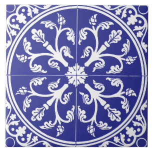 Blauw en Wit Botanisch Abstracte Cirkel Vintage Tegeltje