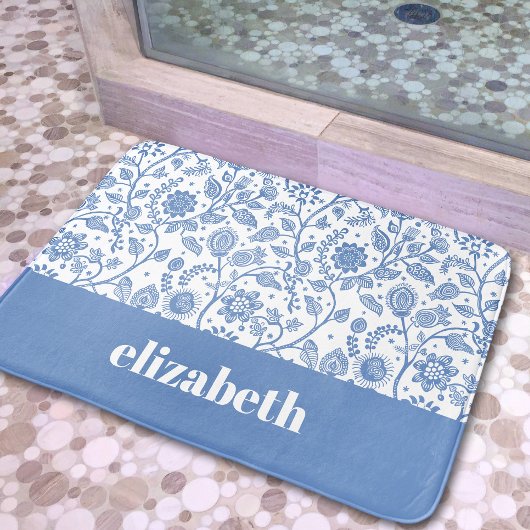 Blauw en Wit Botanisch Bloemmotief Aangepaste Naam Badmat