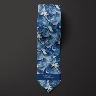 Blauw en Wit Botanisch Patroon Stropdas