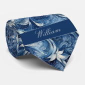 Blauw en Wit Botanisch Patroon Stropdas (Opgerold)