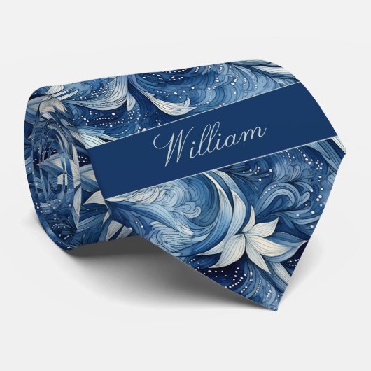 Blauw en Wit Botanisch Patroon Stropdas (Opgerold)