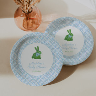 Blauw en wit Boxwood Bunny Boy Baby shower Party Papieren Bordje