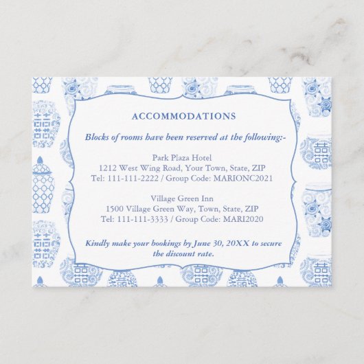 Blauw en wit bruiloft accommodaties register informatiekaartje (Voorkant)