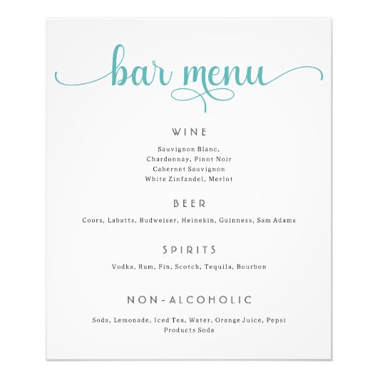 Blauw en Wit Bruiloft Bar Menu Poster (Voorkant)