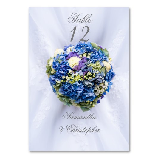 Blauw en wit bruiloft bloem tafel nummer kaart (Achterkant)
