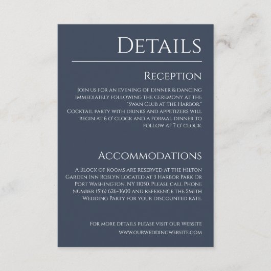 Blauw en wit-bruiloft details- informatiekaartje (Voorkant)