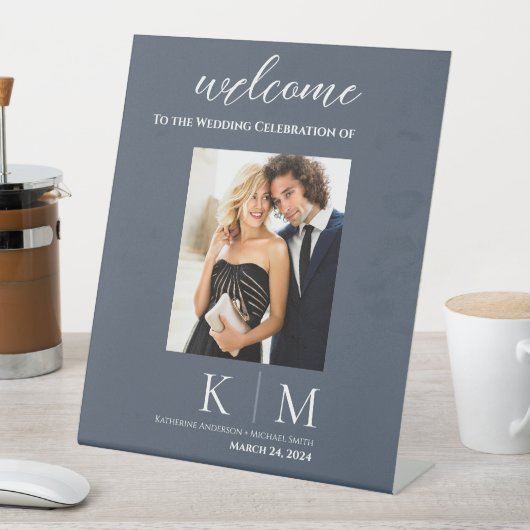 Blauw en Wit-Bruiloft Foto Welkomstbord Reclamebord Met Voetstuk (Insitu)