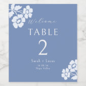 Blauw en wit bruiloft welkom tafel nummer wijn etiket (Enkel label)