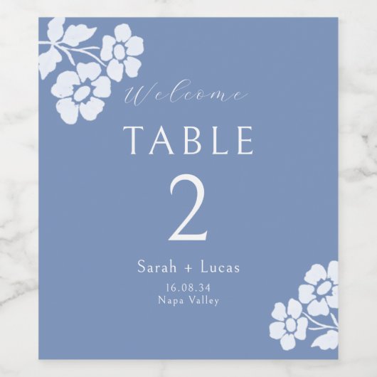 Blauw en wit bruiloft welkom tafel nummer wijn etiket (Enkel label)