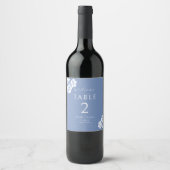 Blauw en wit bruiloft welkom tafel nummer wijn etiket (Voorkant)