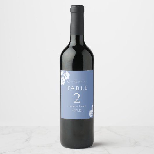 Blauw en wit bruiloft welkom tafel nummer wijn etiket (Voorkant)