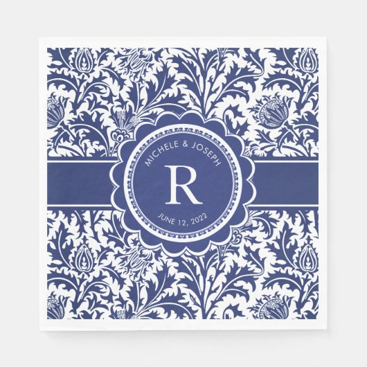 Blauw en wit bruiloft William Morris Monogram Servet (Voorkant)