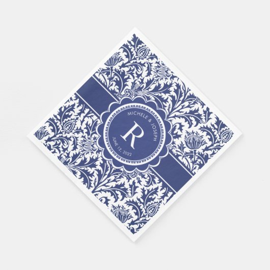 Blauw en wit bruiloft William Morris Monogram Servet (Hoek)