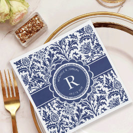 Blauw en wit bruiloft William Morris Monogram Servet