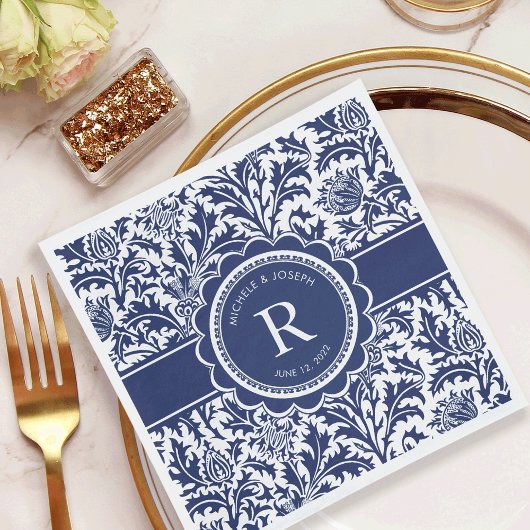 Blauw en wit bruiloft William Morris Monogram Servet