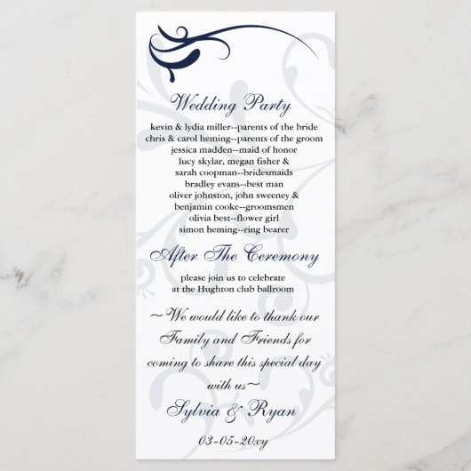 blauw en wit Bruiloftsprogramma Rack Kaart (Achterkant)