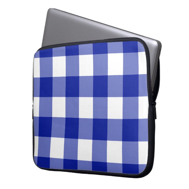 Blauw en wit buffelplaid  laptop sleeve (Voorkant Links)