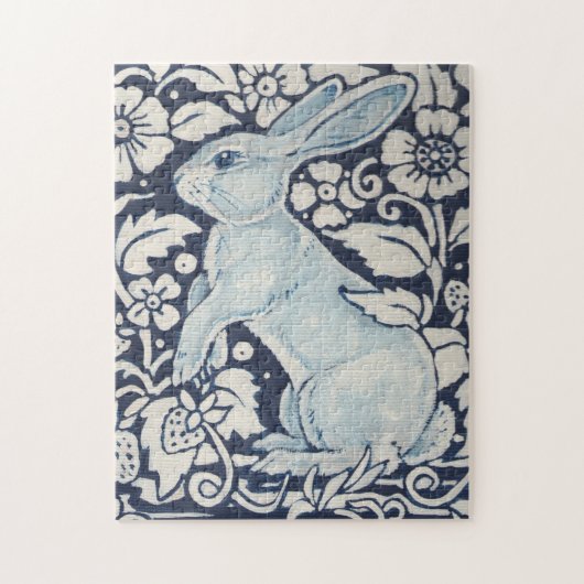 Blauw en wit Bunny Rabbit en Flowers Monochrome Legpuzzel (Verticaal)