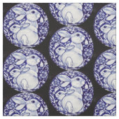 Blauw en wit Bunny Rabbit Medallion Fabric Black Stof (Swatch)