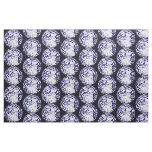 Blauw en wit Bunny Rabbit Medallion Fabric Black Stof (Fat Quarter)