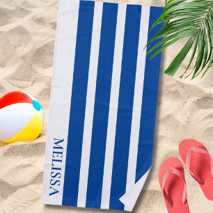 Blauw en wit cabana streep gepersonaliseerde naam strandlaken