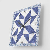 Blauw en wit Calico Faux Quilt Vierkante Klok (Hoek)