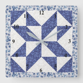 Blauw en wit Calico Faux Quilt Vierkante Klok