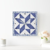 Blauw en wit Calico Faux Quilt Vierkante Klok (Huis)