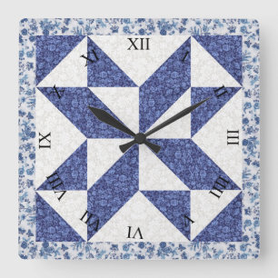 Blauw en wit calico namaak quilt vierkante klok