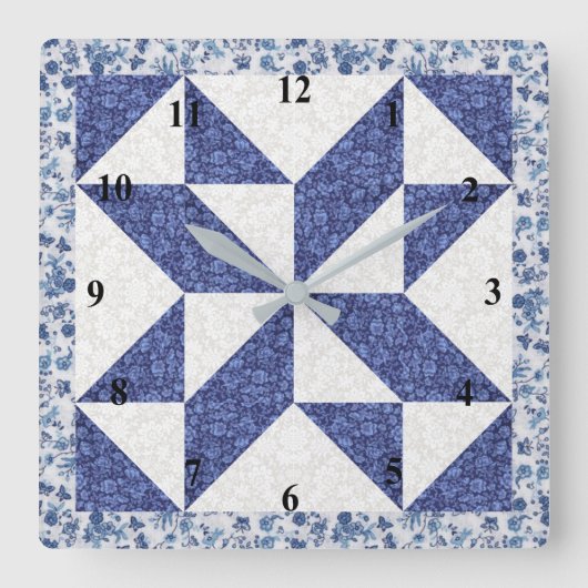 Blauw en wit calico namaak quilt vierkante klok (Voorkant)