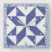 Blauw en Wit Calico Pinwheel Faux Quilt Vierkante Klok (Voorkant)
