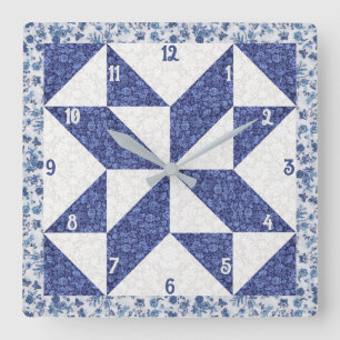 Blauw en Wit Calico Pinwheel Faux Quilt Vierkante Klok