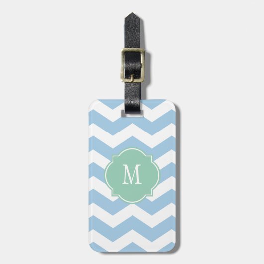 Blauw en wit Chevron Monogram Bagagelabel (Voorkant verticaal)