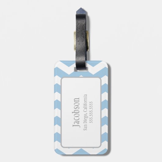 Blauw en wit Chevron Monogram Bagagelabel (Achterkant verticaal)
