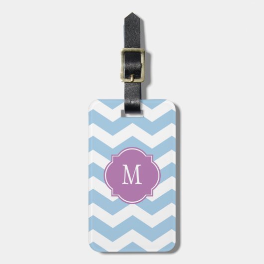 Blauw en wit Chevron Monogram Bagagelabel (Voorkant verticaal)