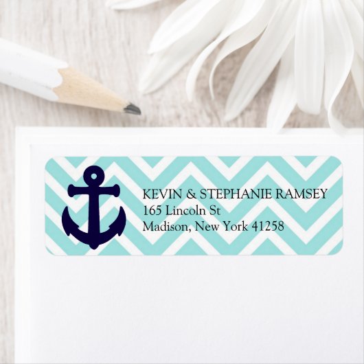 Blauw en wit Chevron nautisch anker Etiket (Insitu)